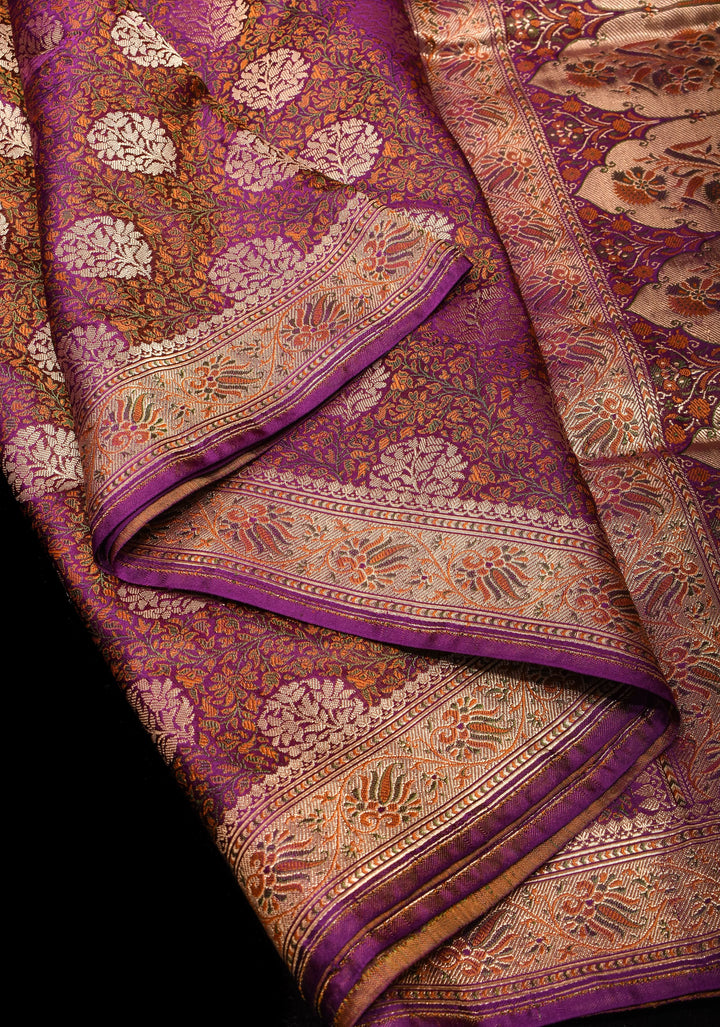 Tanchoi Floral Banarasi Pure Satin Silk in Purple | SILK MARK CERTIFIED