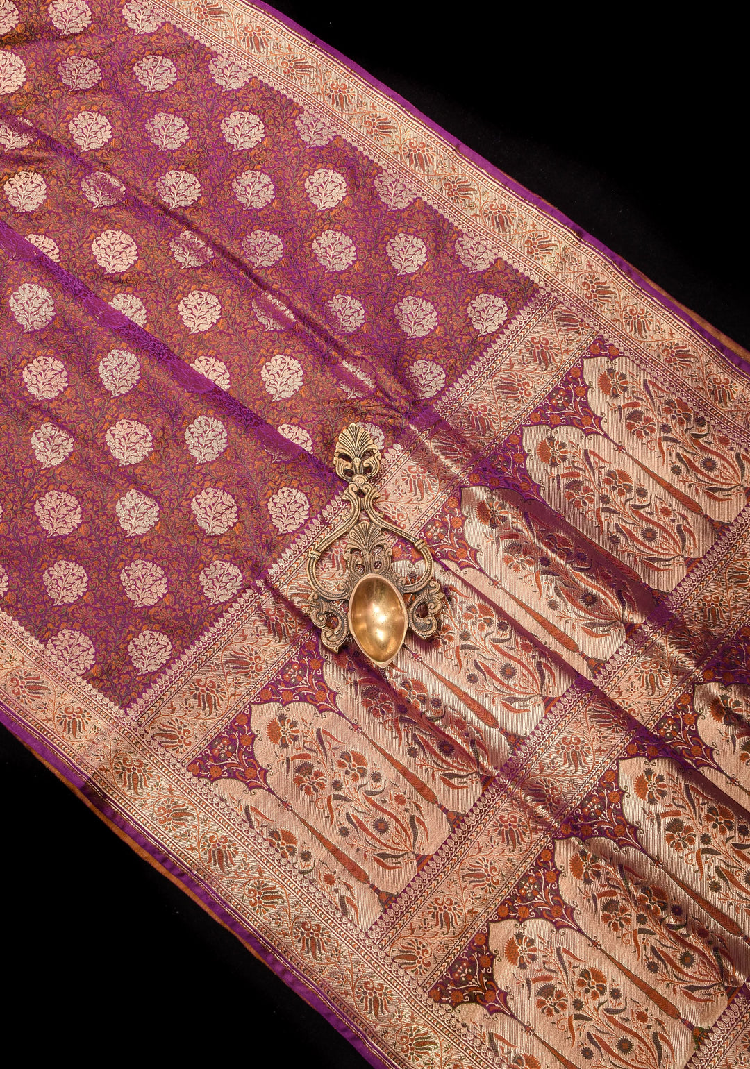 Tanchoi Floral Banarasi Pure Satin Silk in Purple | SILK MARK CERTIFIED