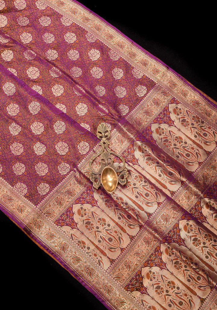 Tanchoi Floral Banarasi Pure Satin Silk in Purple | SILK MARK CERTIFIED