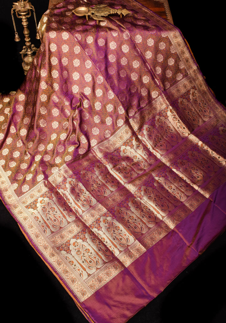 Tanchoi Floral Banarasi Pure Satin Silk in Purple | SILK MARK CERTIFIED