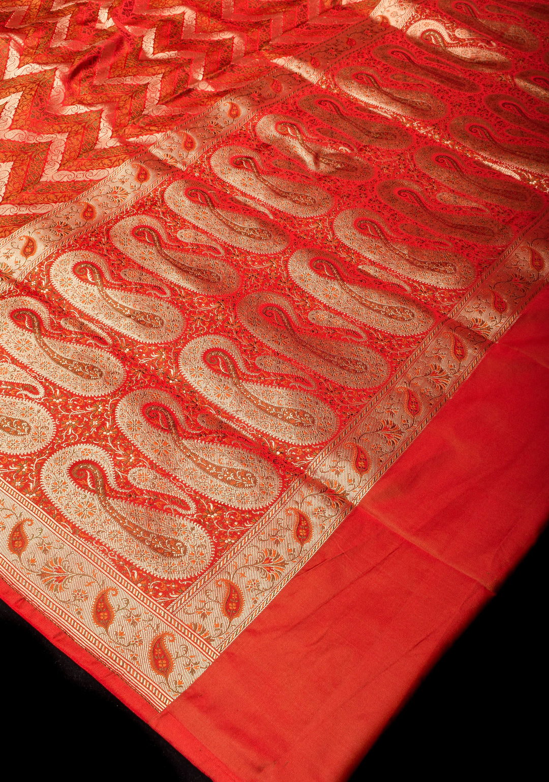 Rust Tanchoi Banarasi Satin Silk Saree in Chevron Pattern and Zari detailing | SILK MARK CERTIFIED