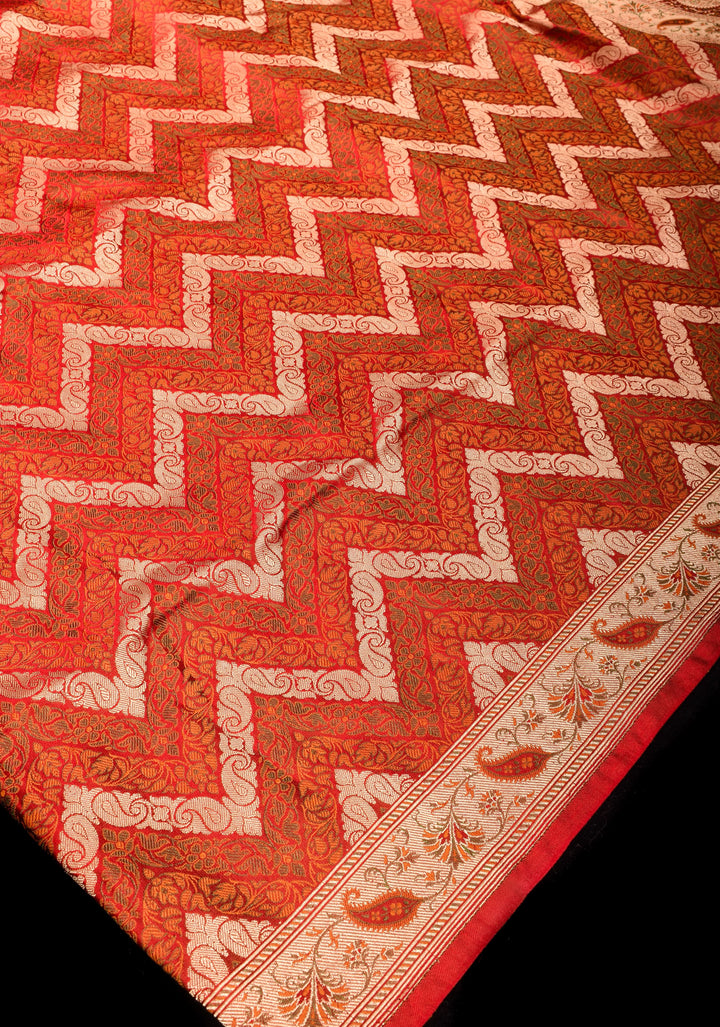 Rust Tanchoi Banarasi Satin Silk Saree in Chevron Pattern and Zari detailing | SILK MARK CERTIFIED
