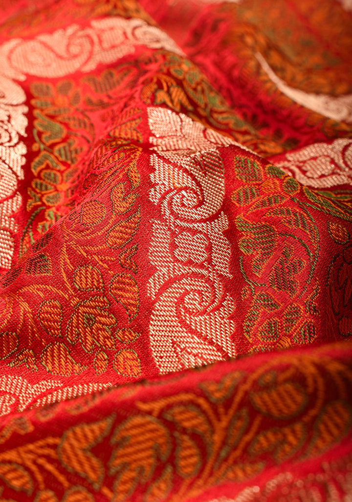 Rust Tanchoi Banarasi Satin Silk Saree in Chevron Pattern and Zari detailing | SILK MARK CERTIFIED