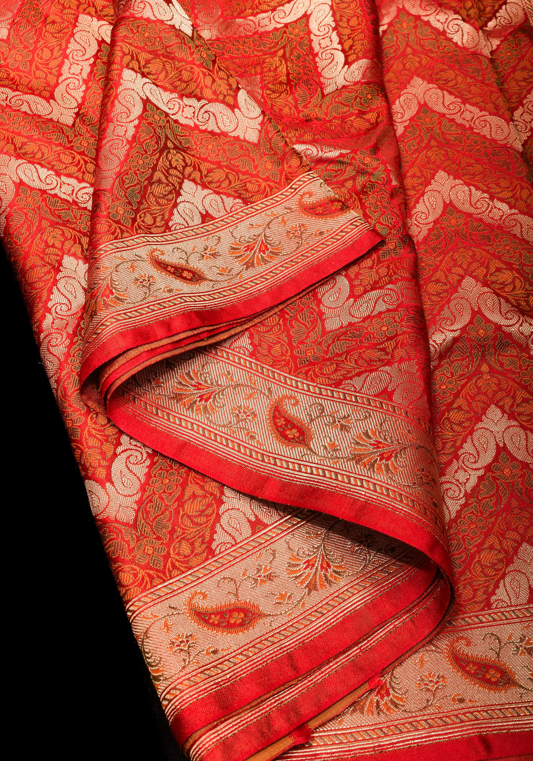 Rust Tanchoi Banarasi Satin Silk Saree in Chevron Pattern and Zari detailing | SILK MARK CERTIFIED