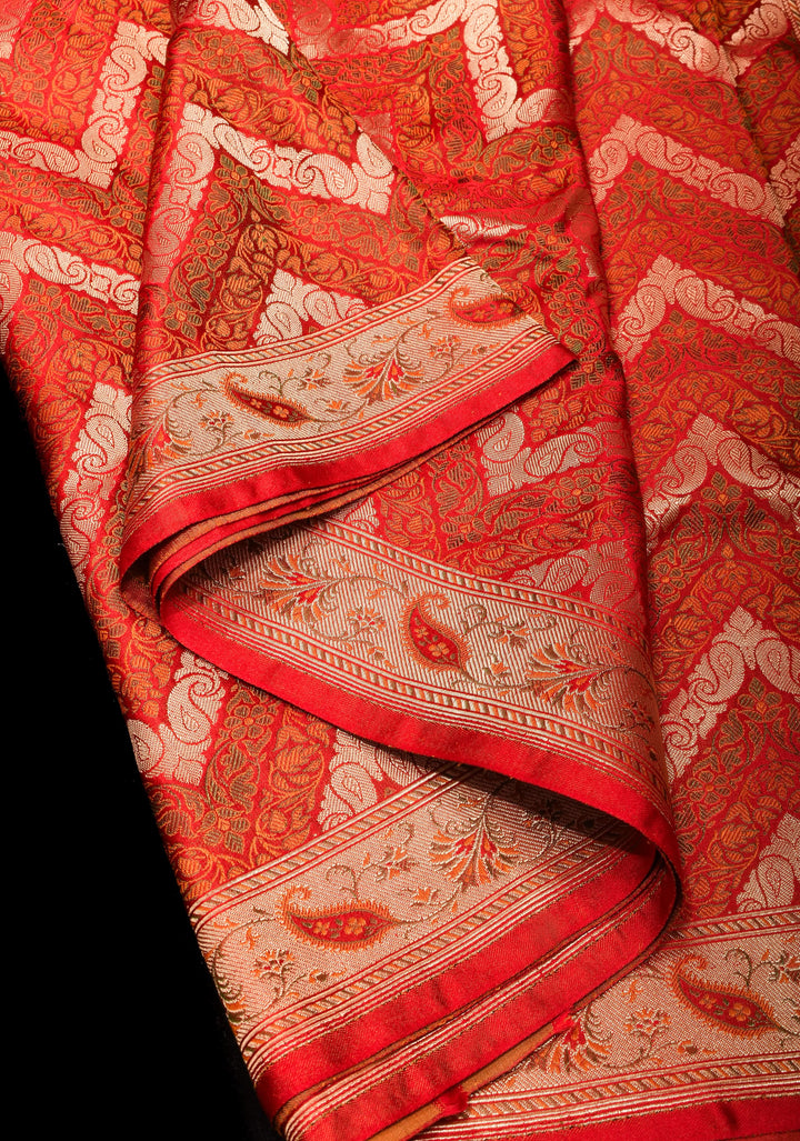 Rust Tanchoi Banarasi Satin Silk Saree in Chevron Pattern and Zari detailing | SILK MARK CERTIFIED