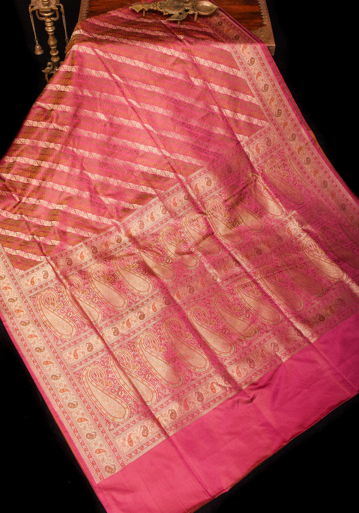Mauve Pink Tanchoi Banarasi Satin Silk Saree in Leheria Pattern  and zari detailing| SILK MARK CERTIFIED
