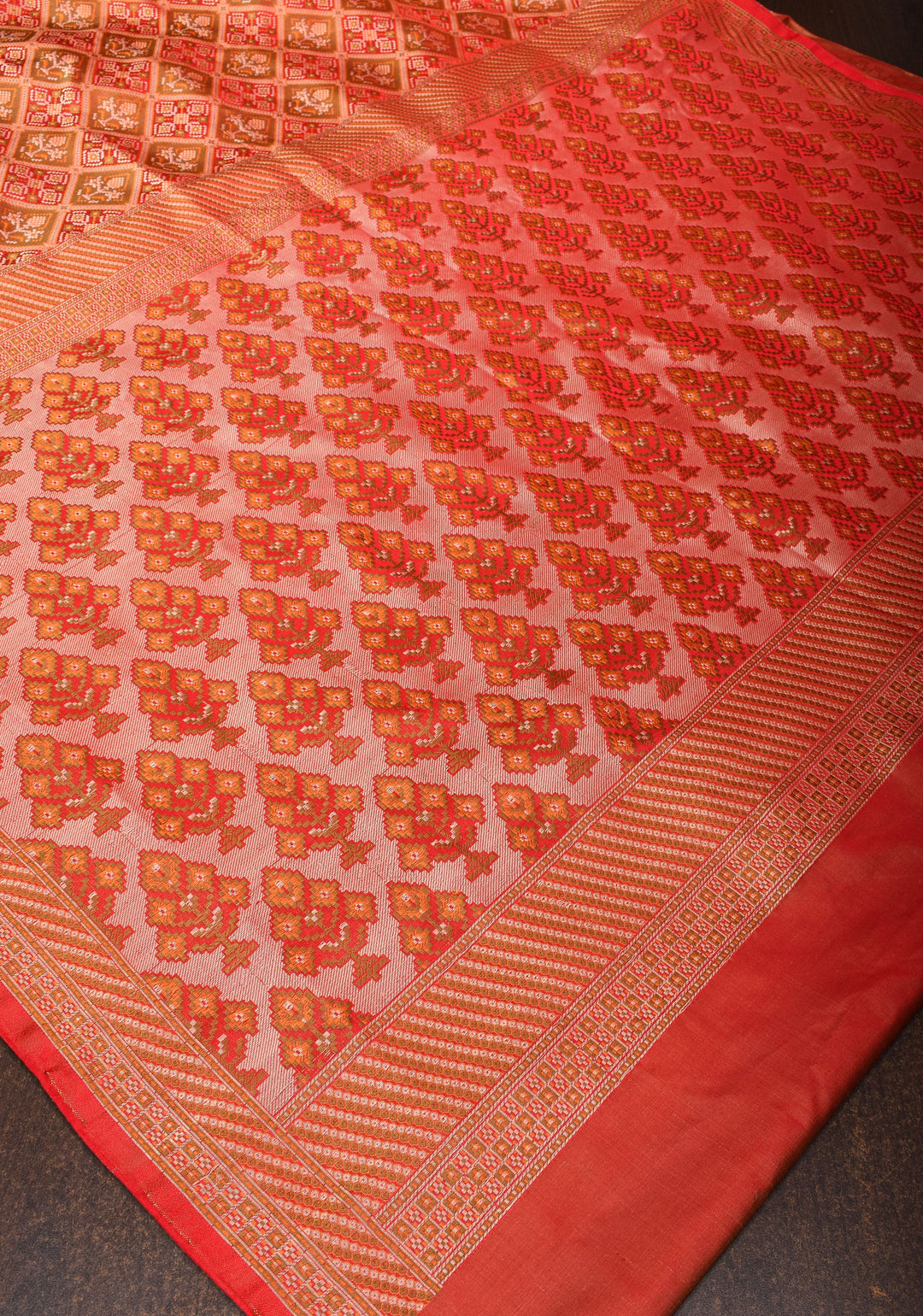 Red Pure Tanchoi weave satin silk saree with unique Patola pattern | SILK MARK CERTIFIED
