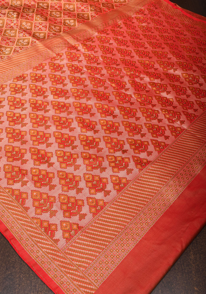 Red Pure Tanchoi weave satin silk saree with unique Patola pattern | SILK MARK CERTIFIED