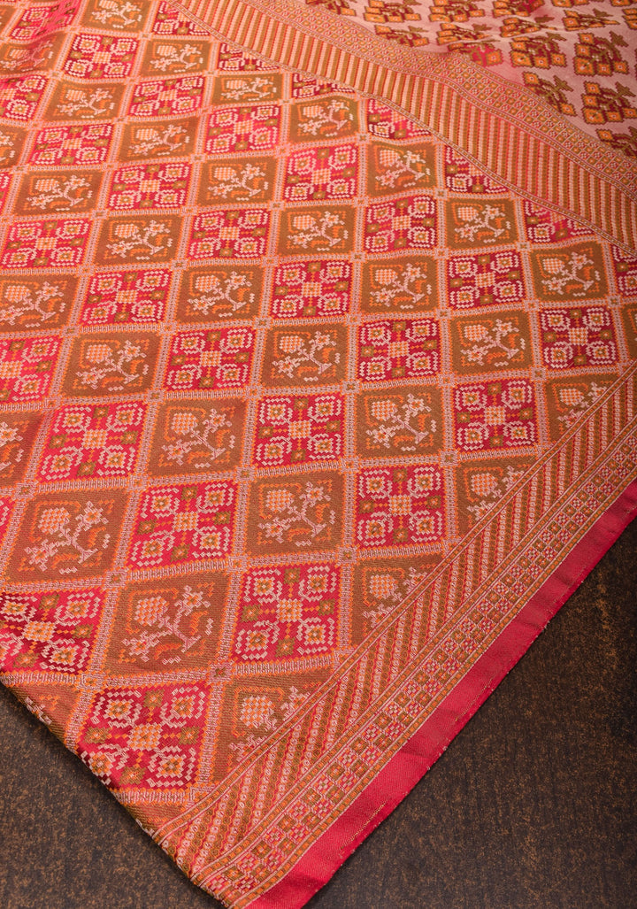 Red Pure Tanchoi weave satin silk saree with unique Patola pattern | SILK MARK CERTIFIED