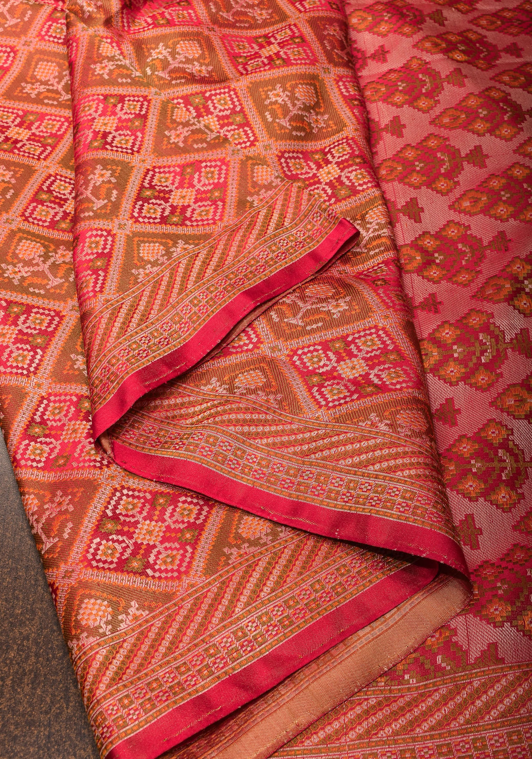 Red Pure Tanchoi weave satin silk saree with unique Patola pattern | SILK MARK CERTIFIED