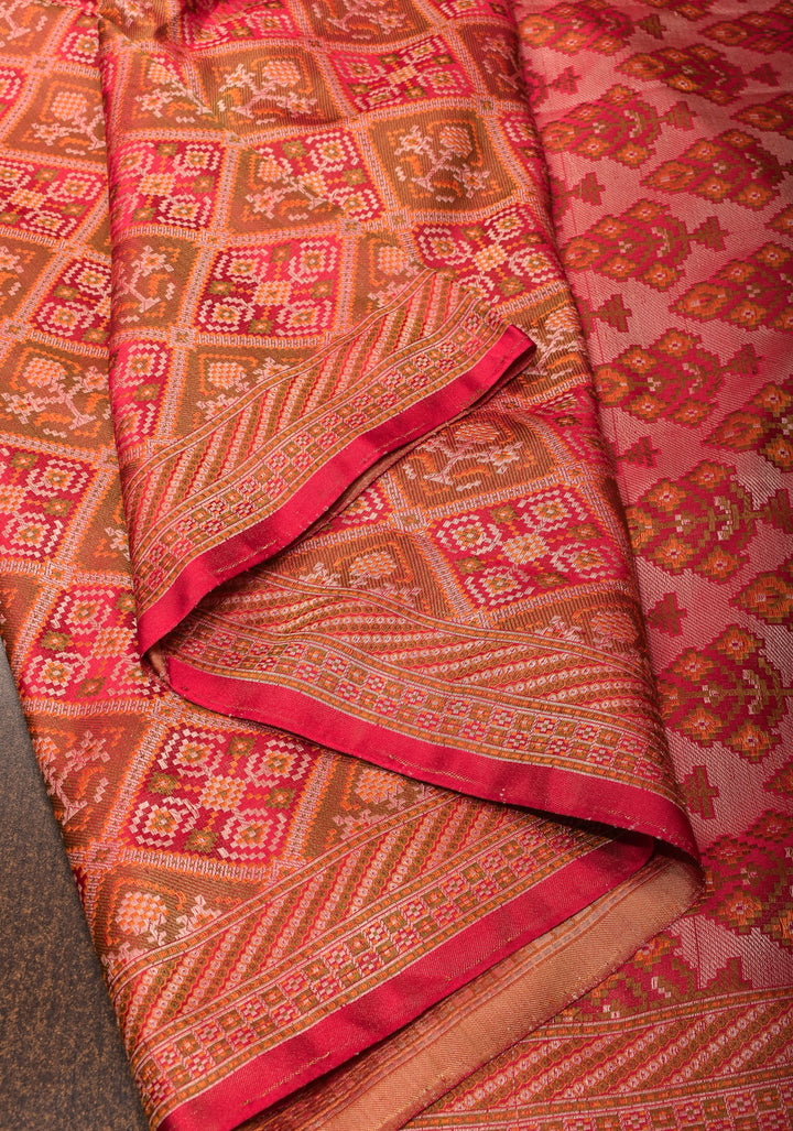 Red Pure Tanchoi weave satin silk saree with unique Patola pattern | SILK MARK CERTIFIED