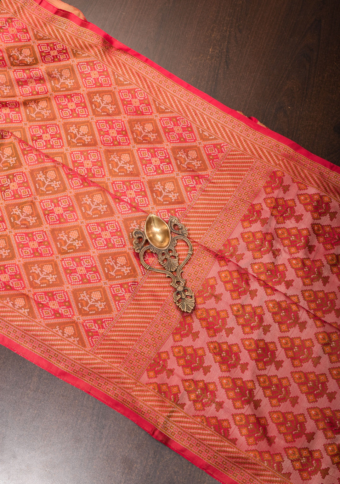 Red Pure Tanchoi weave satin silk saree with unique Patola pattern | SILK MARK CERTIFIED