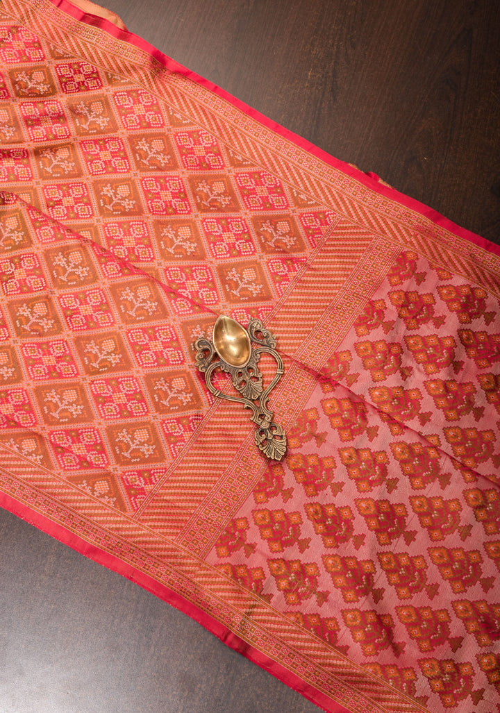 Red Pure Tanchoi weave satin silk saree with unique Patola pattern | SILK MARK CERTIFIED