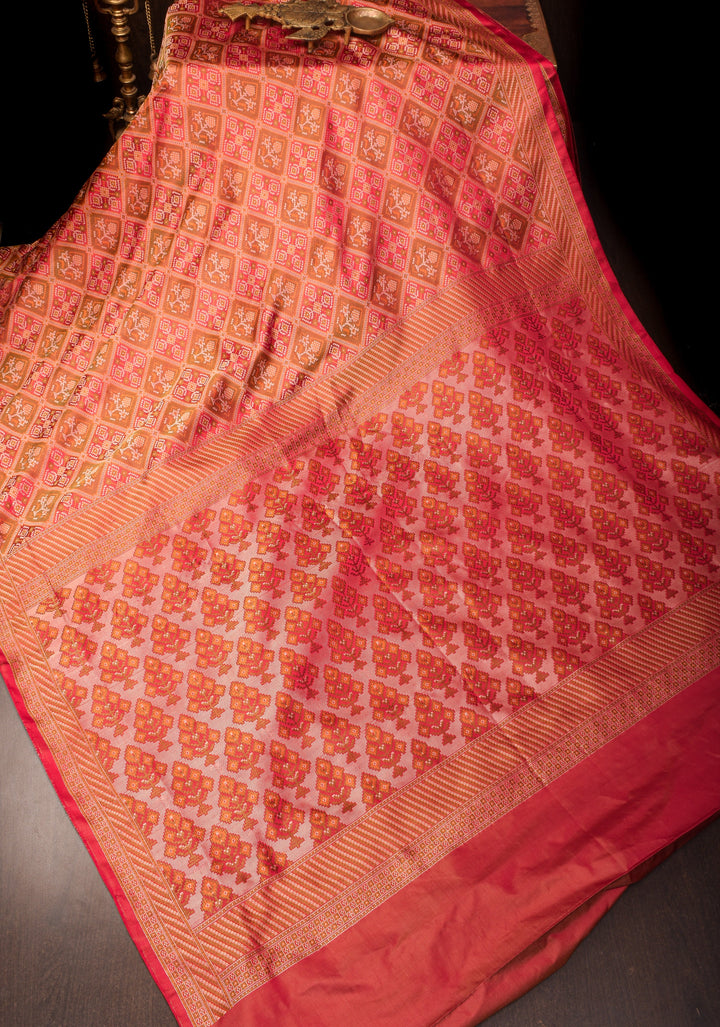 Red Pure Tanchoi weave satin silk saree with unique Patola pattern | SILK MARK CERTIFIED