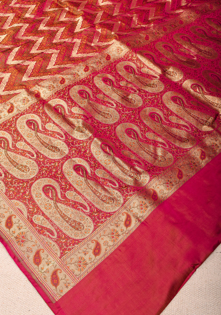 Pink Tanchoi Banarasi Satin Silk Saree in Chevron Pattern and zari border | SILK MARK CERTIFIED