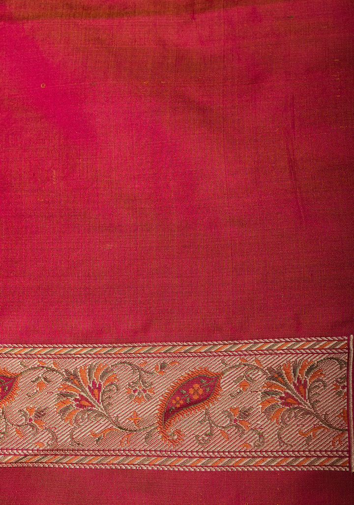 Pink Tanchoi Banarasi Satin Silk Saree in Chevron Pattern and zari border | SILK MARK CERTIFIED