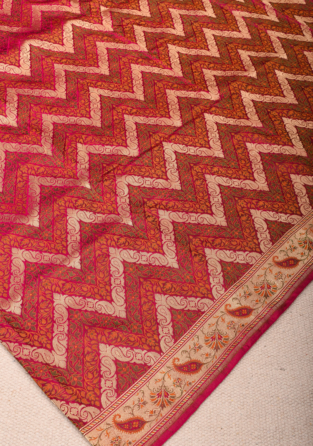 Pink Tanchoi Banarasi Satin Silk Saree in Chevron Pattern and zari border | SILK MARK CERTIFIED