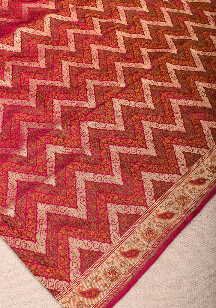 Pink Tanchoi Banarasi Satin Silk Saree in Chevron Pattern and zari border | SILK MARK CERTIFIED
