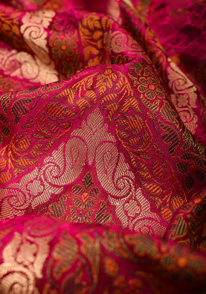 Pink Tanchoi Banarasi Satin Silk Saree in Chevron Pattern and zari border | SILK MARK CERTIFIED