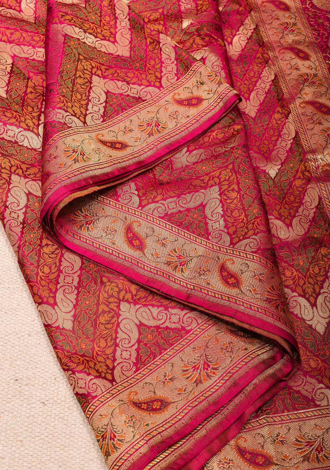 Pink Tanchoi Banarasi Satin Silk Saree in Chevron Pattern and zari border | SILK MARK CERTIFIED