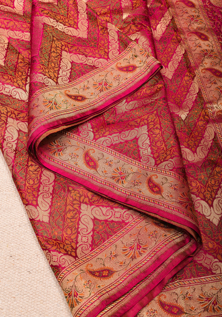 Pink Tanchoi Banarasi Satin Silk Saree in Chevron Pattern and zari border | SILK MARK CERTIFIED