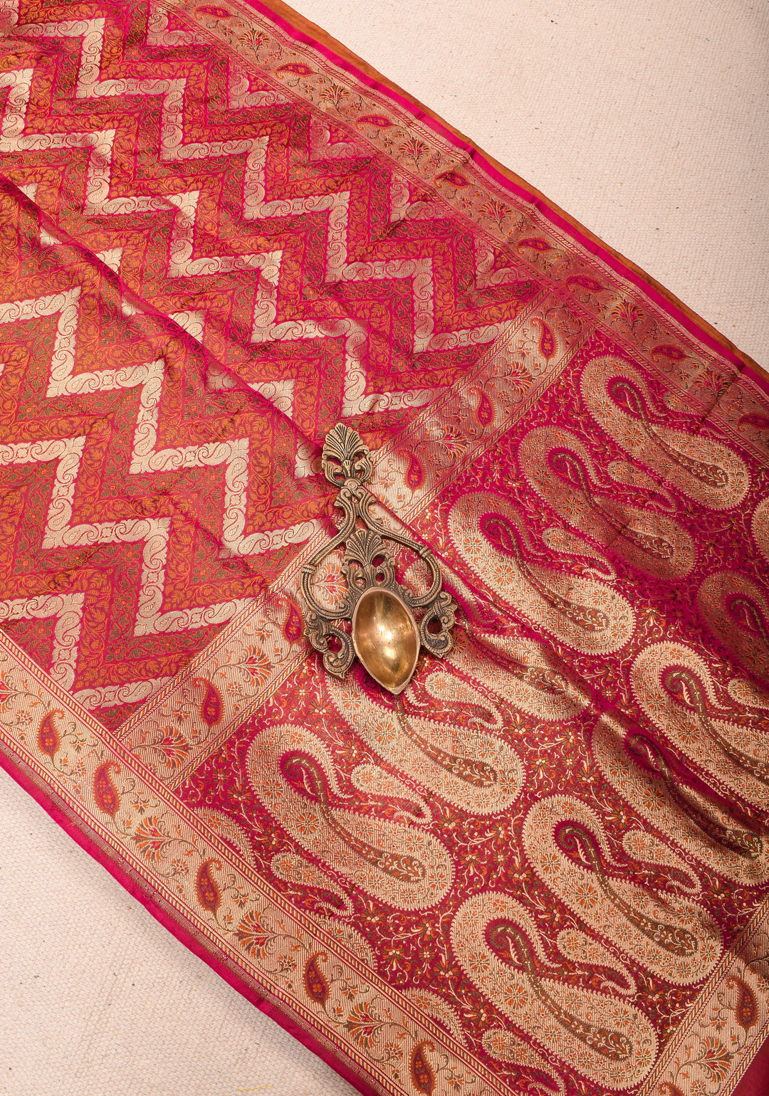 Pink Tanchoi Banarasi Satin Silk Saree in Chevron Pattern and zari border | SILK MARK CERTIFIED