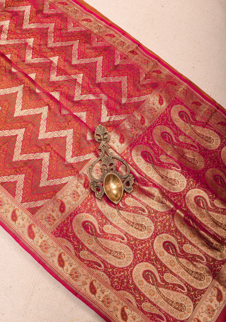 Pink Tanchoi Banarasi Satin Silk Saree in Chevron Pattern and zari border | SILK MARK CERTIFIED