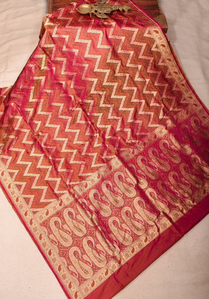 Pink Tanchoi Banarasi Satin Silk Saree in Chevron Pattern and zari border | SILK MARK CERTIFIED