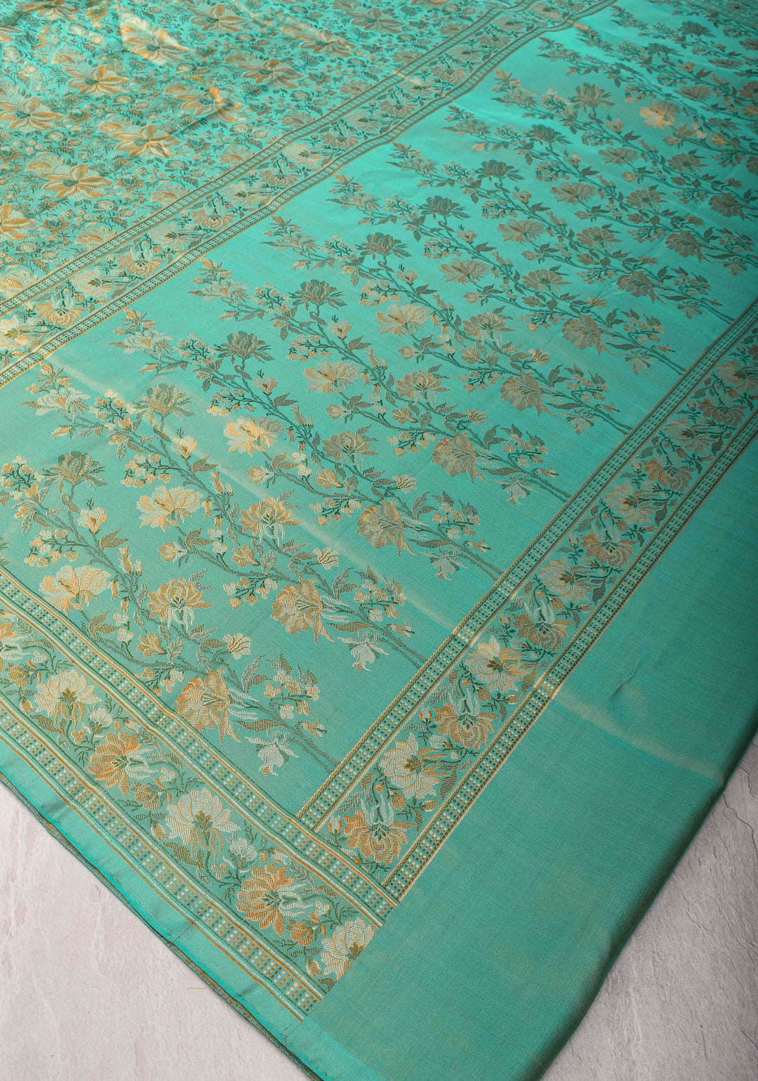 Grey Teal Tanchoi Banarasi Satin Silk Saree with Floral Brocade  | SILK MARK CERTIFIED