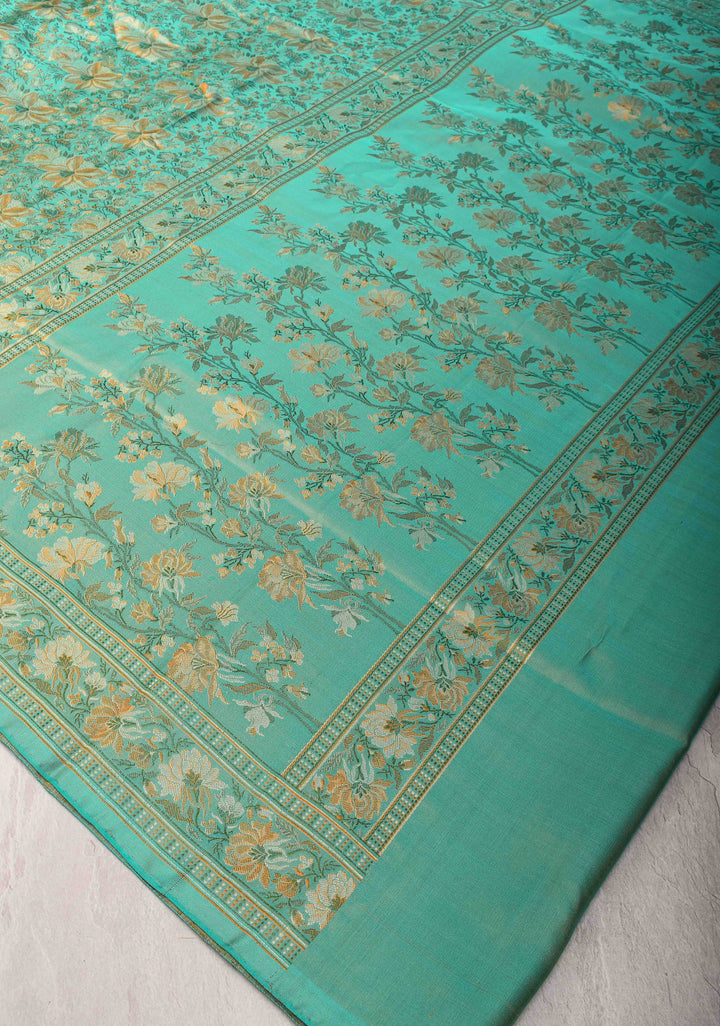 Grey Teal Tanchoi Banarasi Satin Silk Saree with Floral Brocade  | SILK MARK CERTIFIED