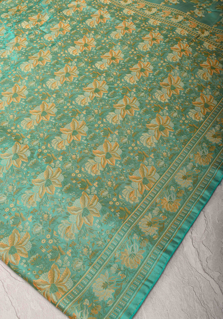Grey Teal Tanchoi Banarasi Satin Silk Saree with Floral Brocade  | SILK MARK CERTIFIED