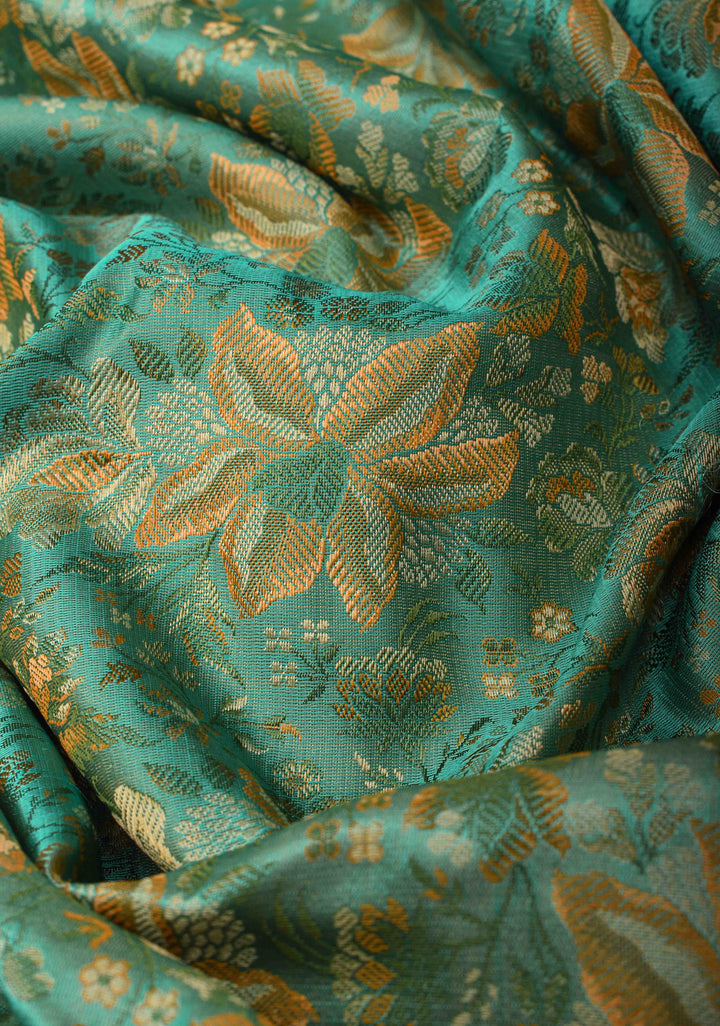 Grey Teal Tanchoi Banarasi Satin Silk Saree with Floral Brocade  | SILK MARK CERTIFIED