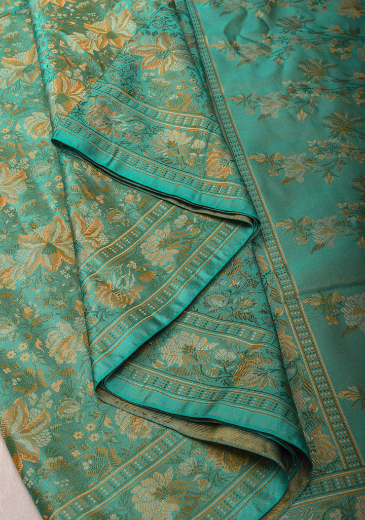 Grey Teal Tanchoi Banarasi Satin Silk Saree with Floral Brocade  | SILK MARK CERTIFIED