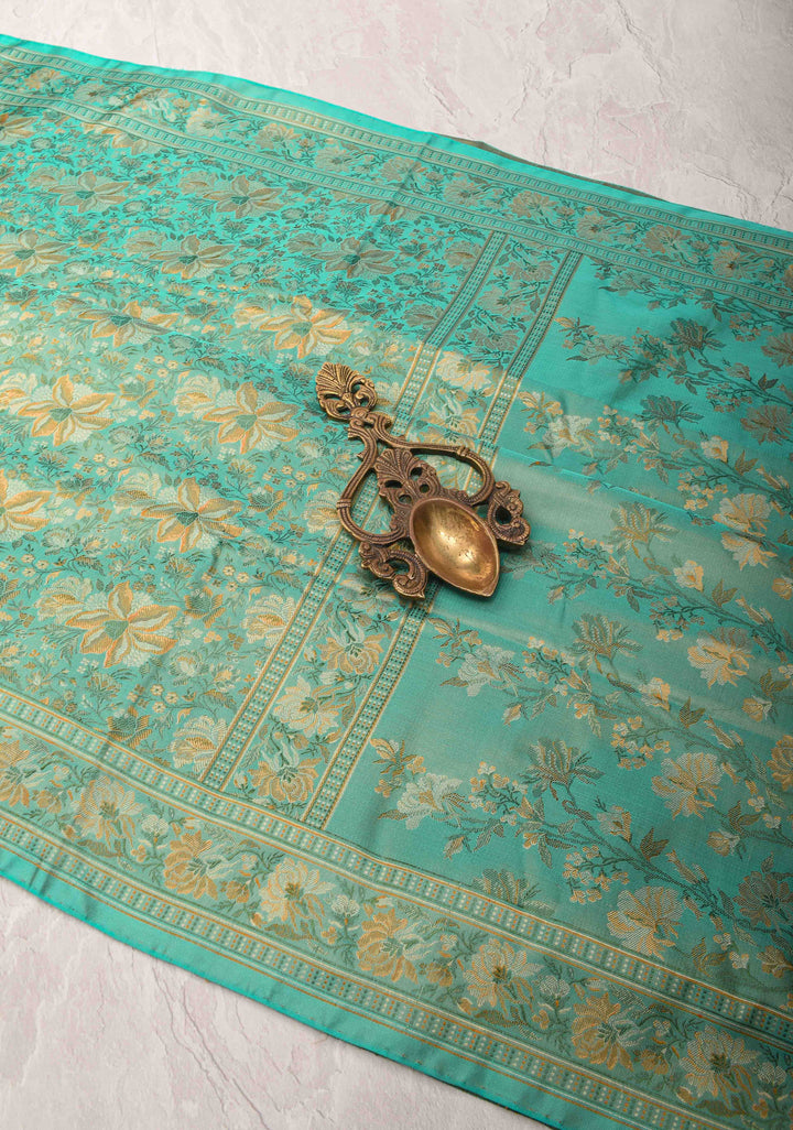 Grey Teal Tanchoi Banarasi Satin Silk Saree with Floral Brocade  | SILK MARK CERTIFIED