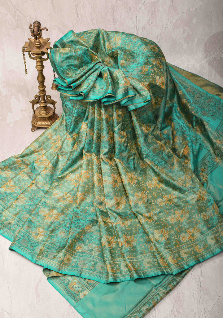 Grey Teal Tanchoi Banarasi Satin Silk Saree with Floral Brocade  | SILK MARK CERTIFIED