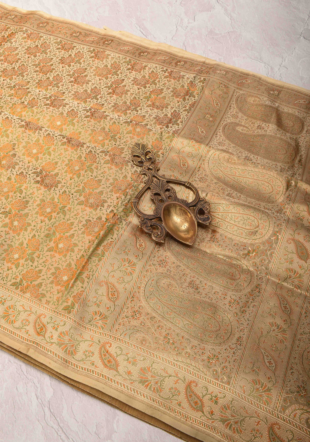 Beige Tanchoi Banarasi Satin Silk Saree with Floral Brocade And Zari Border  | SILK MARK CERTIFIED