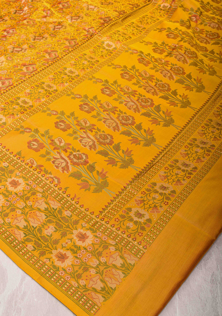 Mustard Yellow Tanchoi Banarasi Satin Silk Saree with Floral Brocade  | SILK MARK CERTIFIED