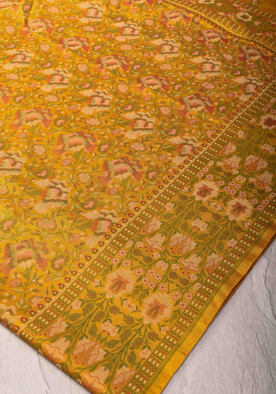 Mustard Yellow Tanchoi Banarasi Satin Silk Saree with Floral Brocade  | SILK MARK CERTIFIED