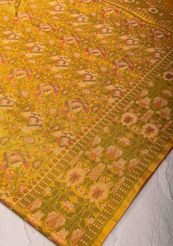 Mustard Yellow Tanchoi Banarasi Satin Silk Saree with Floral Brocade  | SILK MARK CERTIFIED