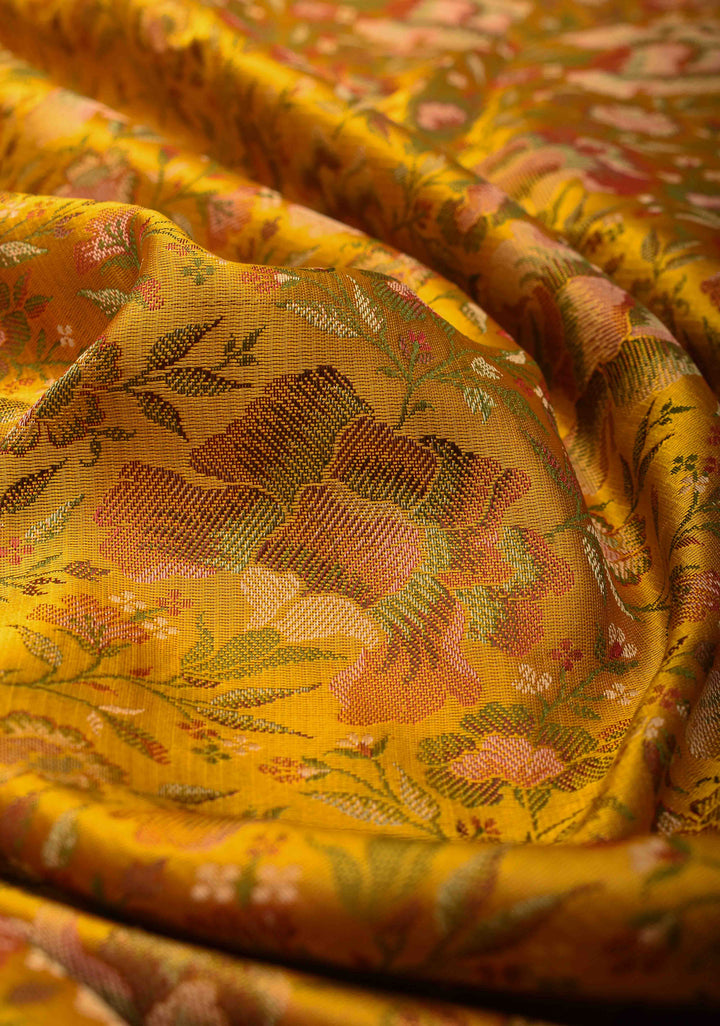 Mustard Yellow Tanchoi Banarasi Satin Silk Saree with Floral Brocade  | SILK MARK CERTIFIED