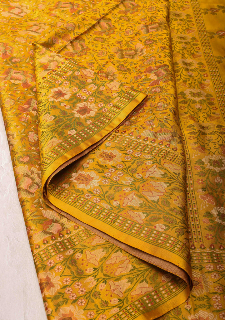 Mustard Yellow Tanchoi Banarasi Satin Silk Saree with Floral Brocade  | SILK MARK CERTIFIED