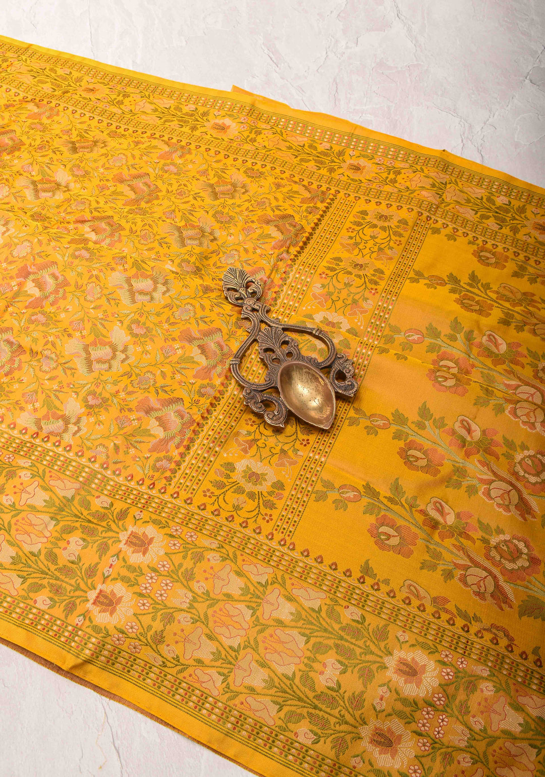 Mustard Yellow Tanchoi Banarasi Satin Silk Saree with Floral Brocade  | SILK MARK CERTIFIED