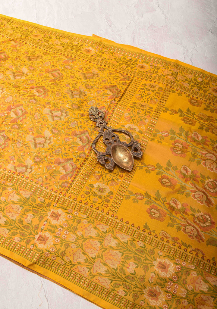 Mustard Yellow Tanchoi Banarasi Satin Silk Saree with Floral Brocade  | SILK MARK CERTIFIED