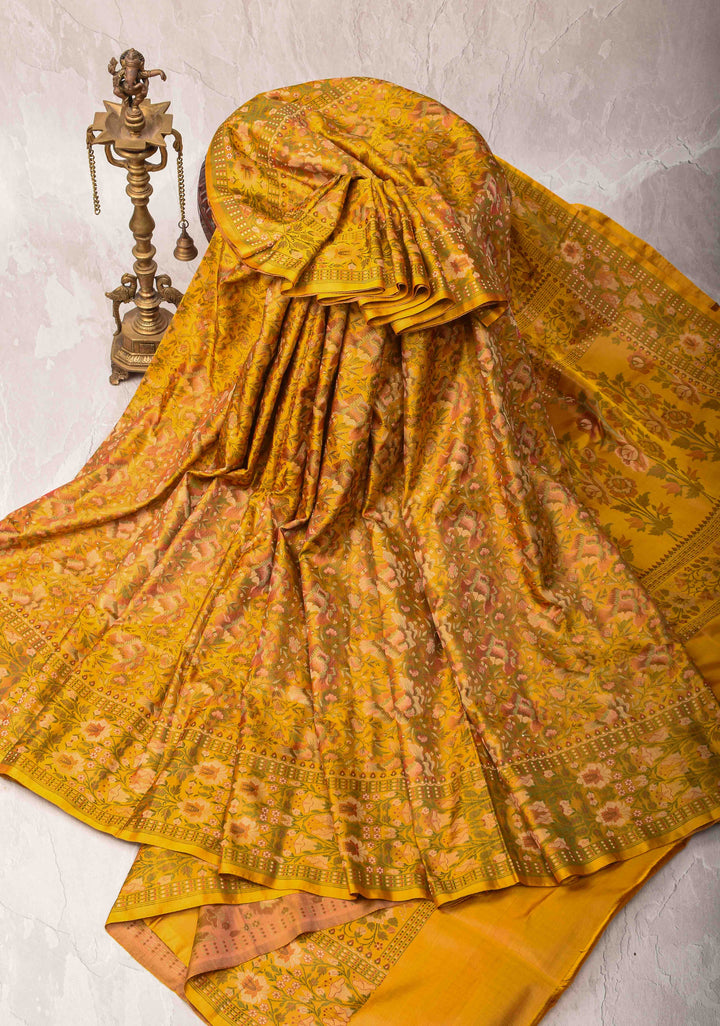 Mustard Yellow Tanchoi Banarasi Satin Silk Saree with Floral Brocade  | SILK MARK CERTIFIED