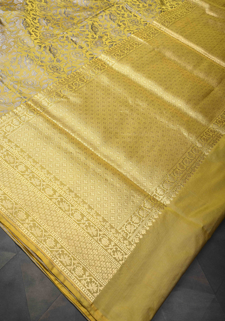 Mustard Yellow Tanchoi Banarasi Satin Silk Saree with Floral Brocade | SILK MARK CERTIFIED