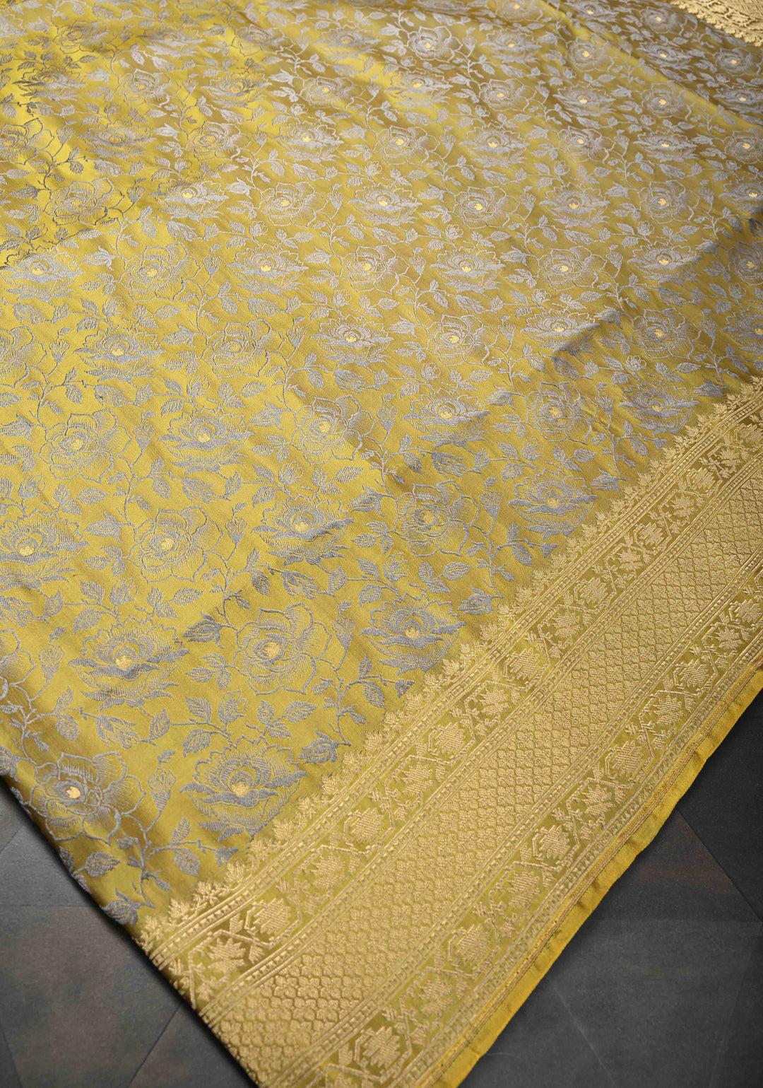 Mustard Yellow Tanchoi Banarasi Satin Silk Saree with Floral Brocade | SILK MARK CERTIFIED