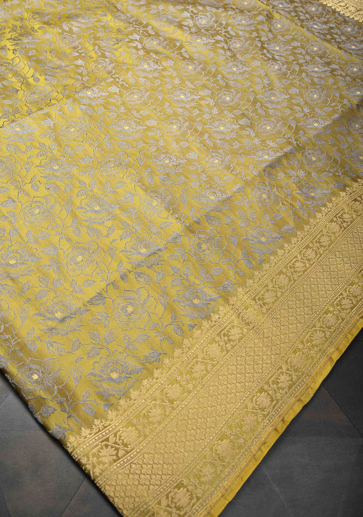 Mustard Yellow Tanchoi Banarasi Satin Silk Saree with Floral Brocade | SILK MARK CERTIFIED