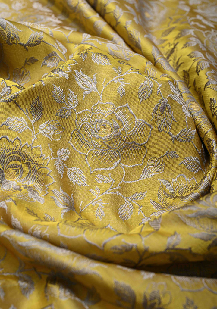 Mustard Yellow Tanchoi Banarasi Satin Silk Saree with Floral Brocade | SILK MARK CERTIFIED