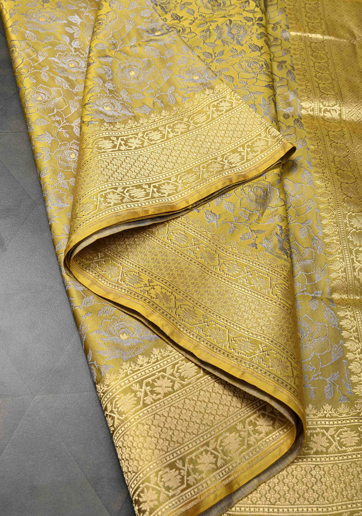 Mustard Yellow Tanchoi Banarasi Satin Silk Saree with Floral Brocade | SILK MARK CERTIFIED