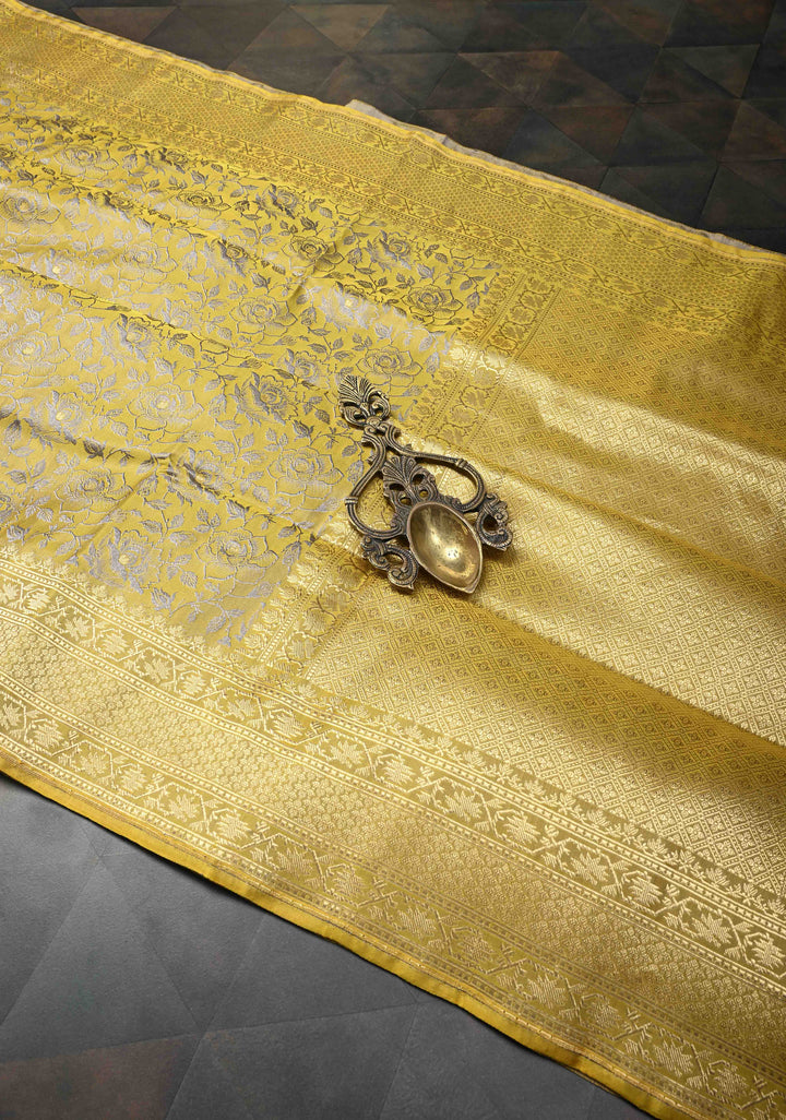 Mustard Yellow Tanchoi Banarasi Satin Silk Saree with Floral Brocade | SILK MARK CERTIFIED